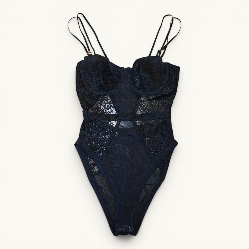 Aerie Real Power Joy Black Lace Bodysuit 34D NWOT